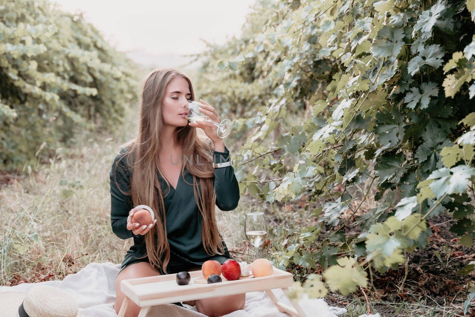 Woman picnic vineyard. Happy woman with a glass of wine at a picnic in the vineyard, wine tasting at sunset and open nature in the summer. Romantic dinner, fruit and wine. by panophotograph