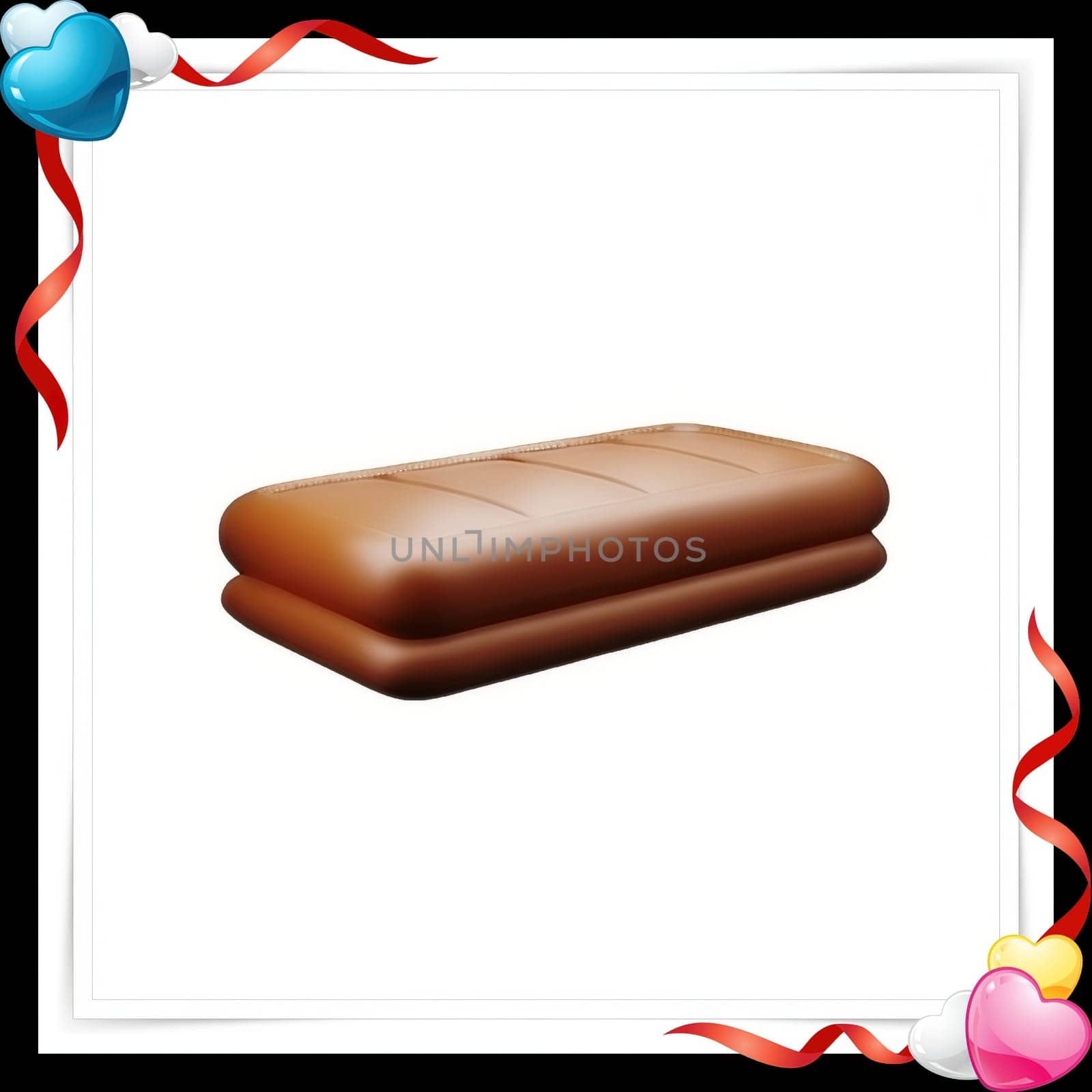 Illustration of chocolate bar on a white background with a red ribbon with colorful hearts