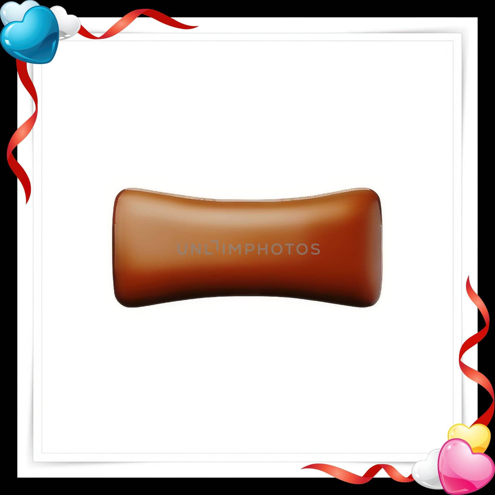 Illustration of chocolate bar on a white background with a red ribbon with colorful hearts