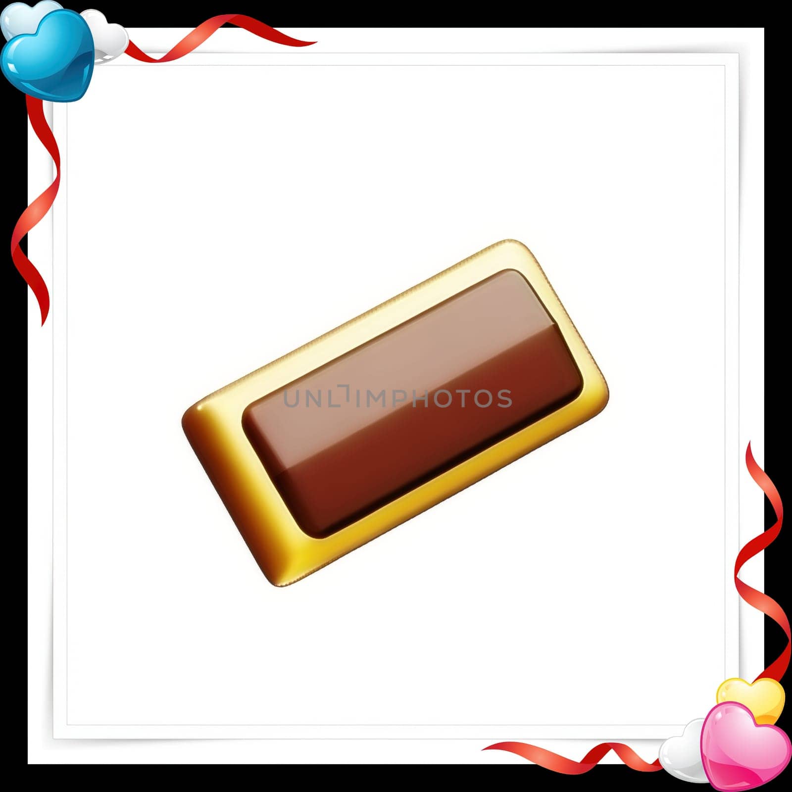 Illustration of chocolate bar on a white background with a red ribbon with colorful hearts
