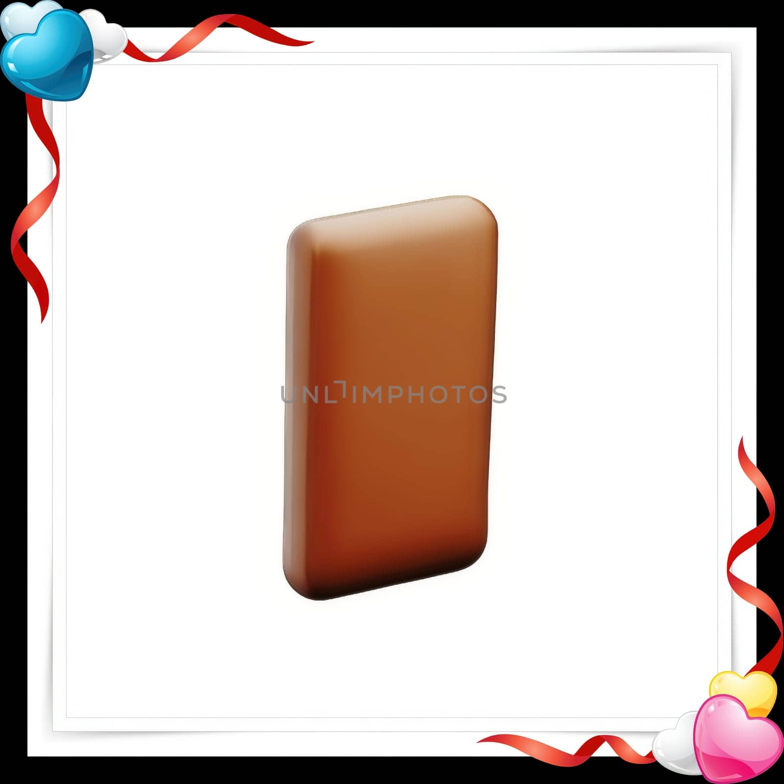 Illustration of chocolate bar on a white background with a red ribbon with colorful hearts