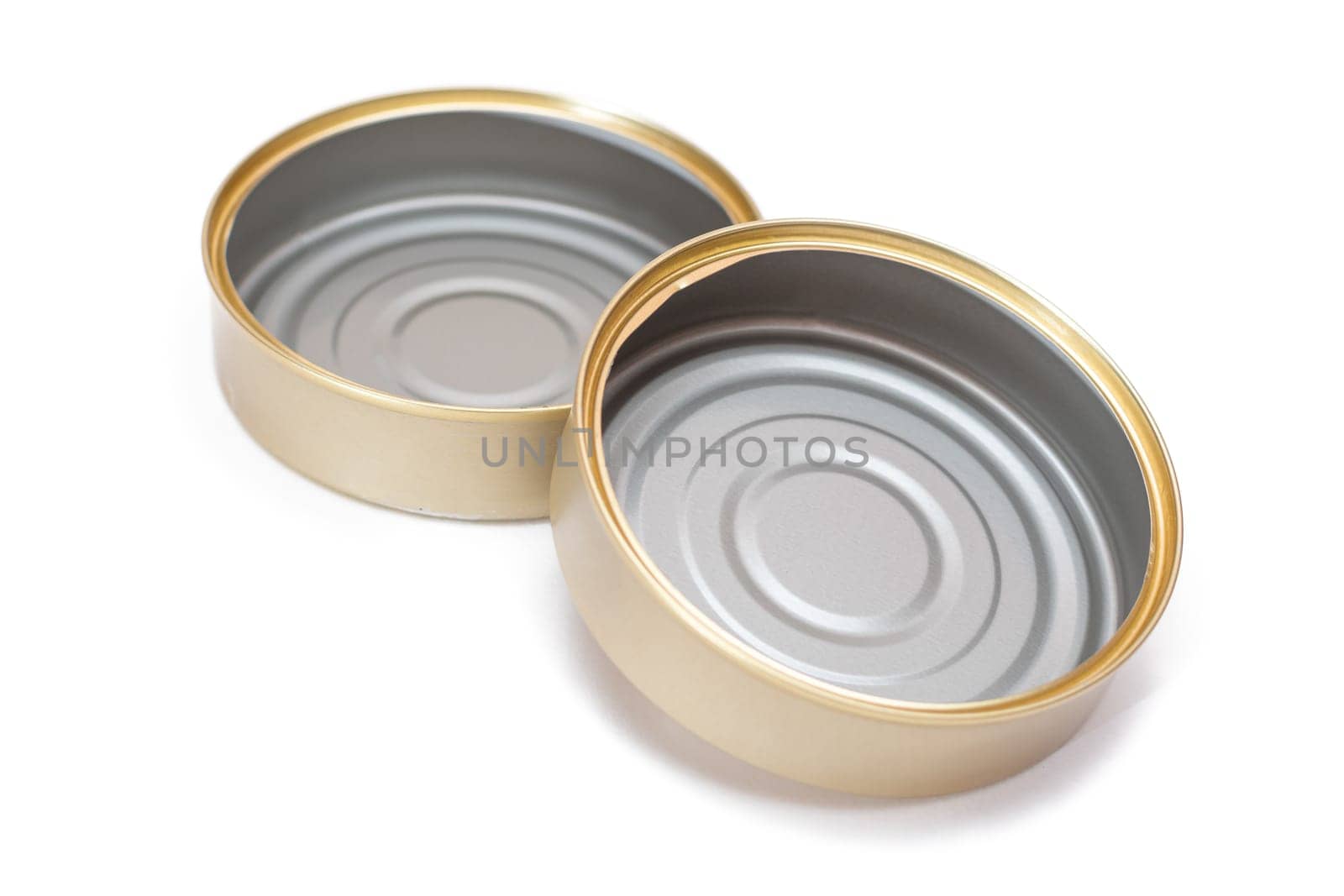 Two Opened Empty Tin Cans Isolated on White Background. Clean Used Aluminum Cans - Isolation. Non-Degradable Inorganic Waste