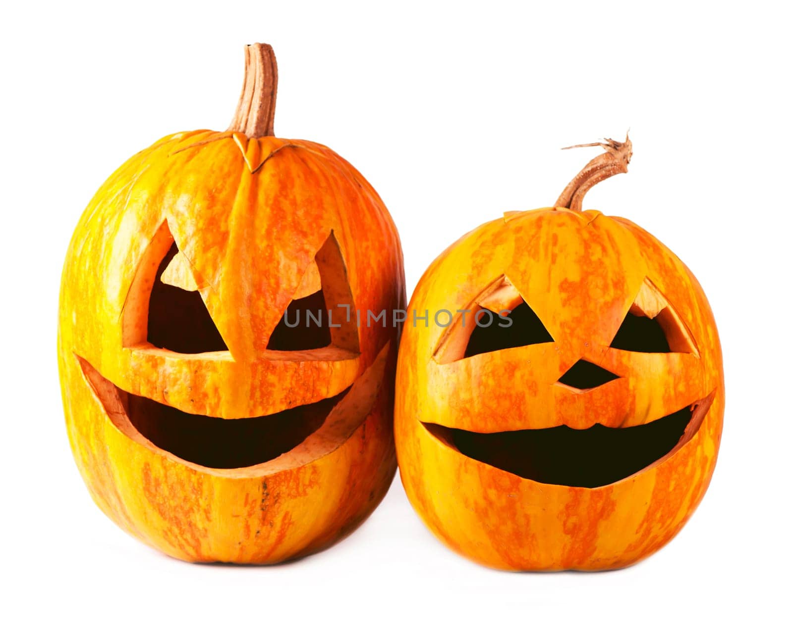 Scary Halloween pumpkins isolated on a white background. Scary glowing faces trick or treat by aprilphoto