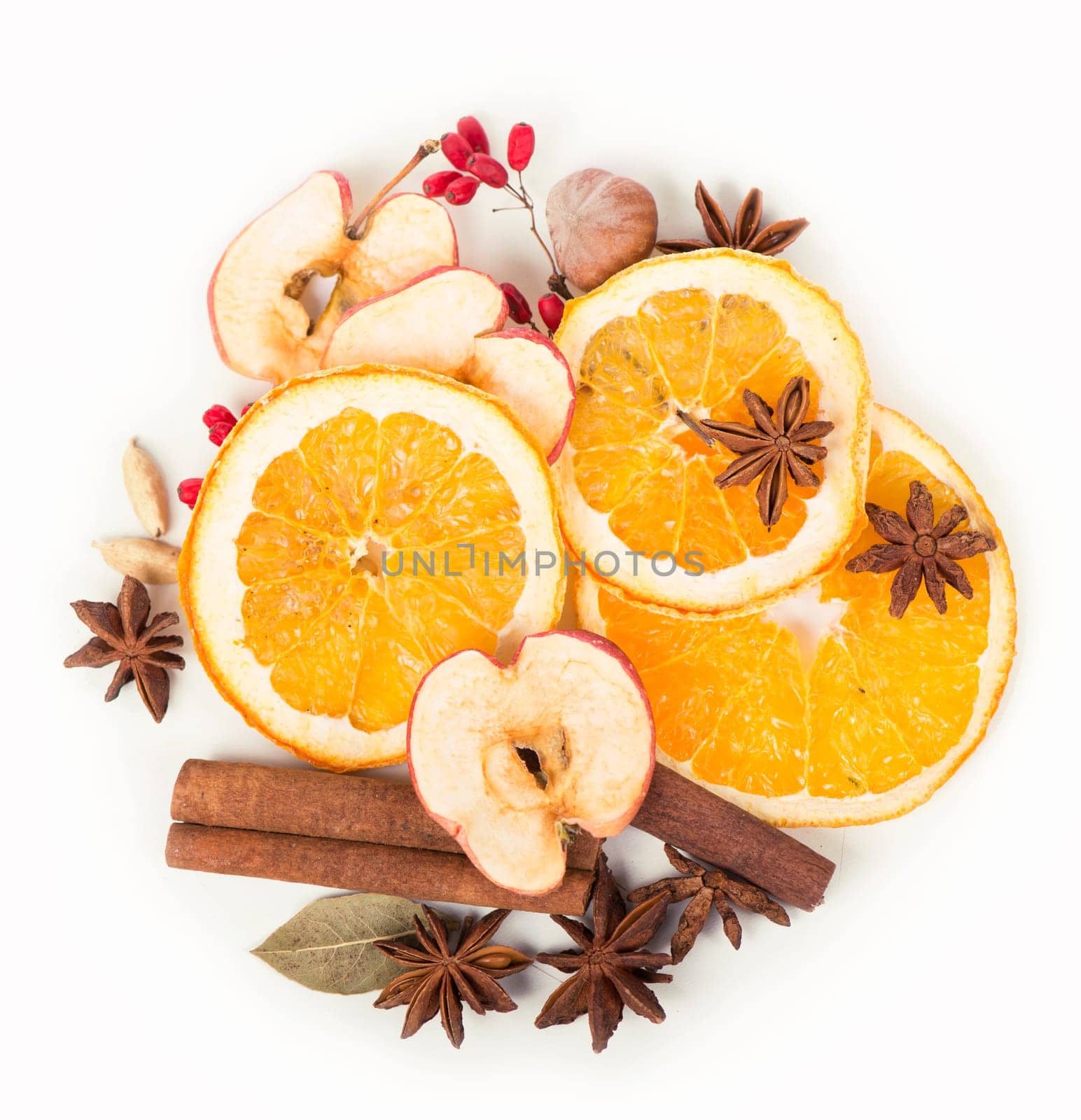 Everything for making Christmas cookies - cinnamon, barberry, anise, nuts, apples and dried orange by aprilphoto