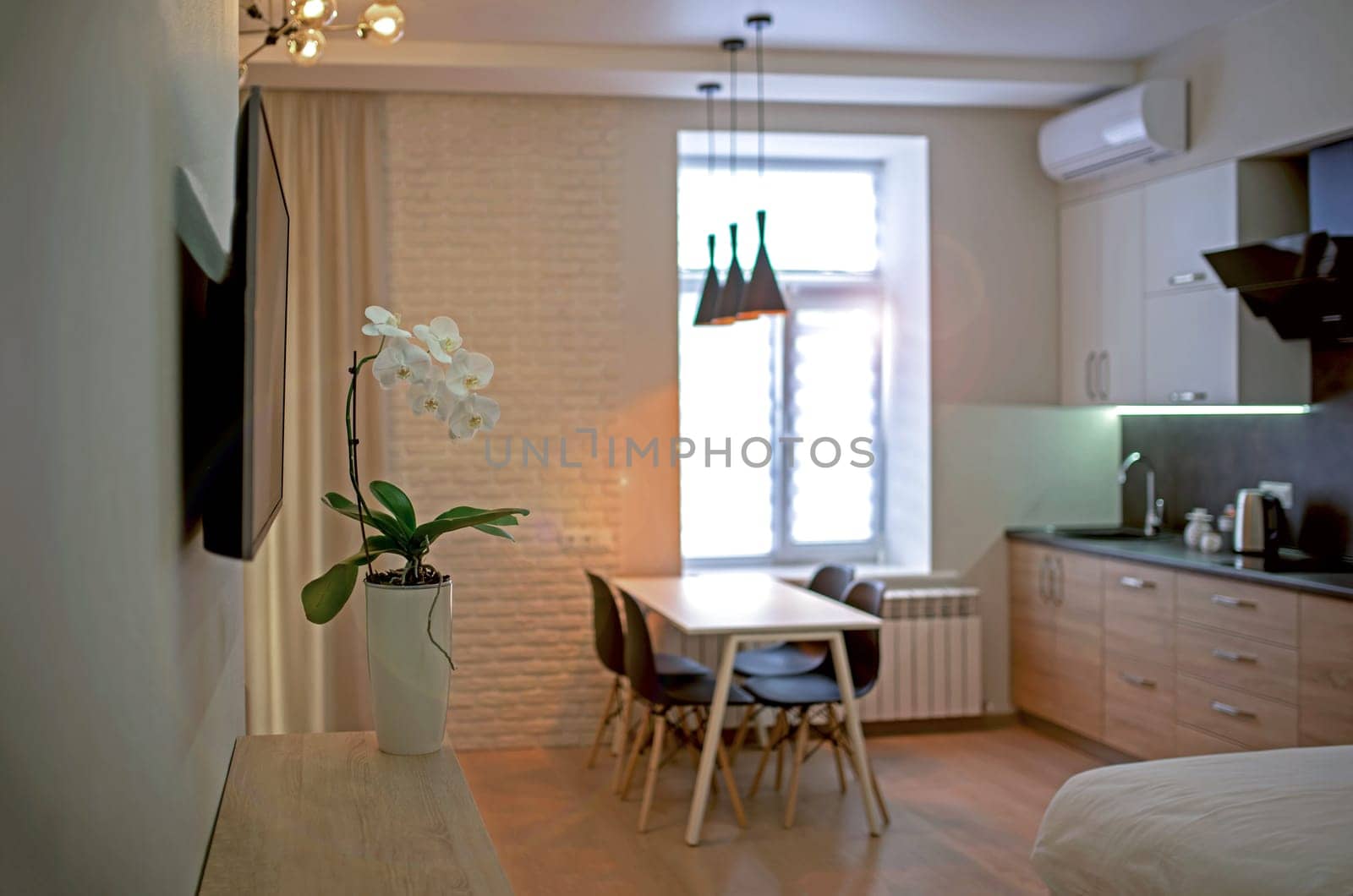 Small room with a sofa and kitchen set. Interior living room and kitchen. Interior of compact small house. Interior cottage Cooking area next to sofa.