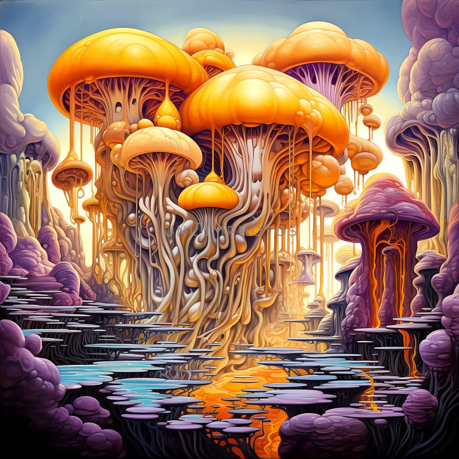 Psychedelic Poster with fantastic landscapes, mystical characters. 
