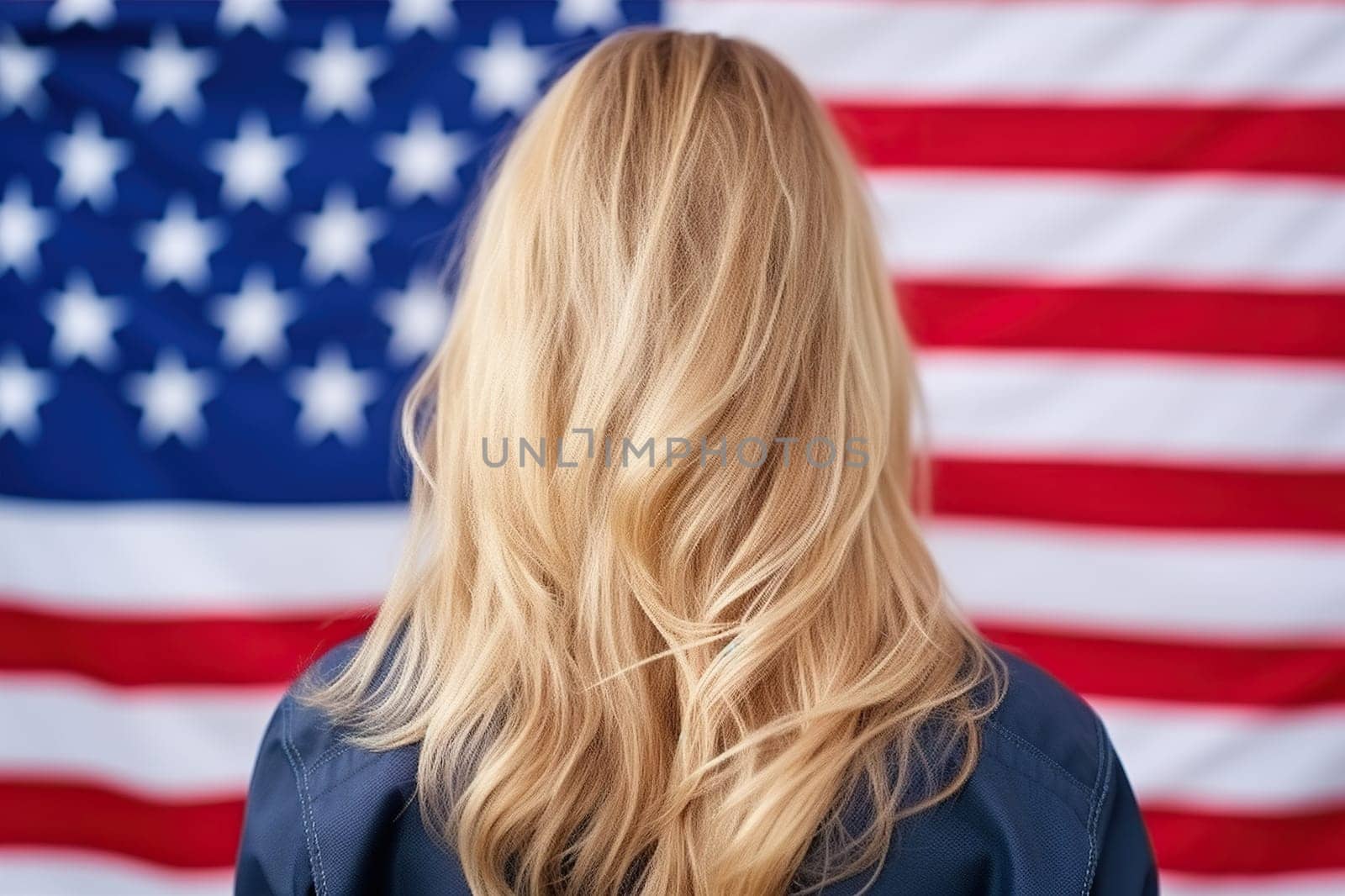 Blonde girl against the background of a blurred US flag.