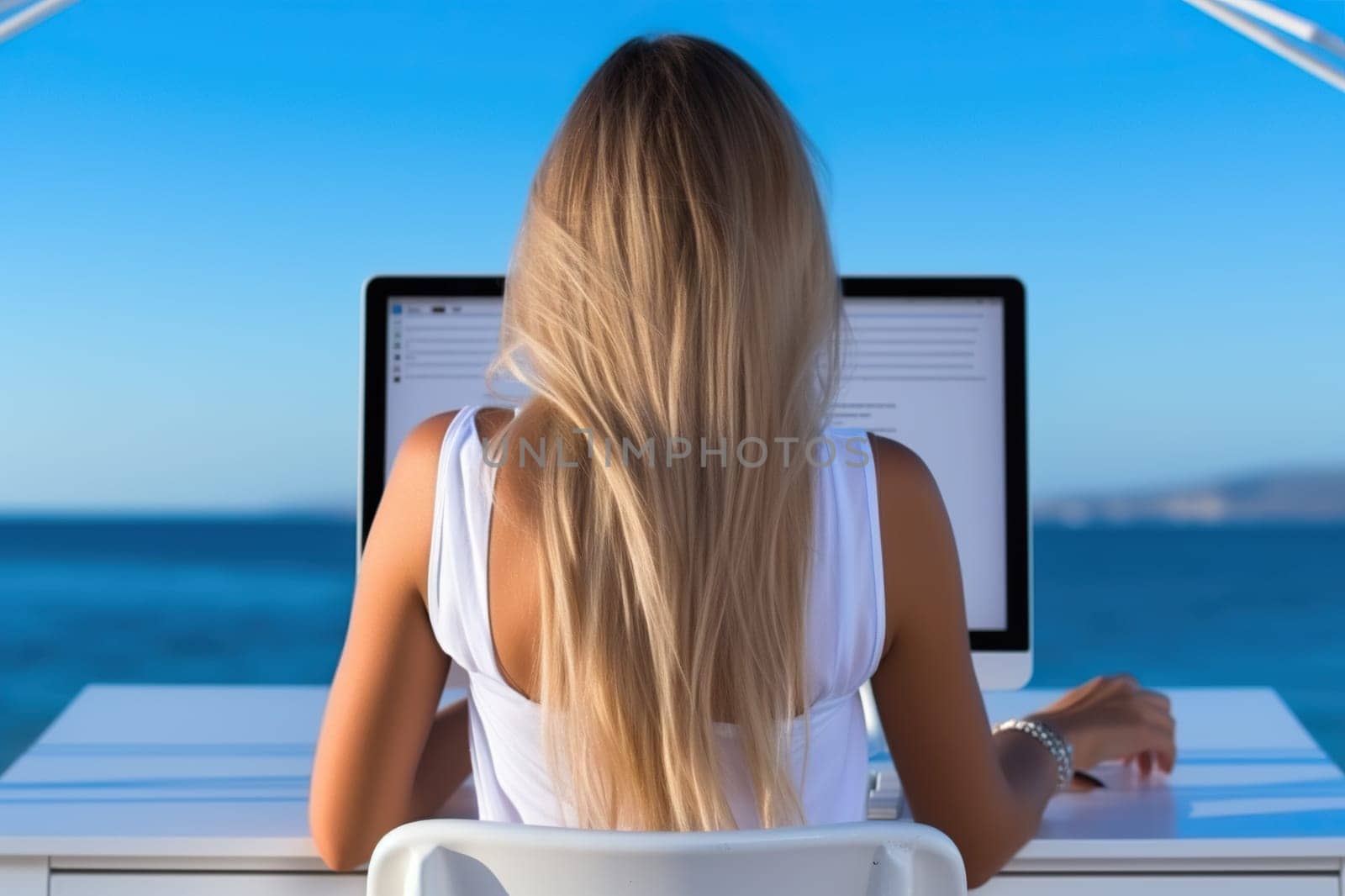 Business woman in light clothes typing on a laptop at the resort. Woman working on a keyboard in the office. Generated by artificial intelligence