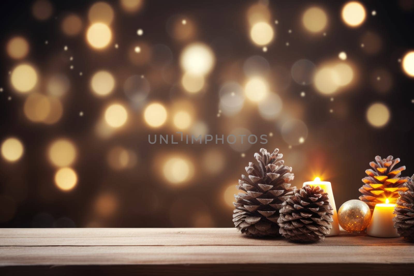 Merry Christmas and Happy New Year background with empty wooden table comeliness by biancoblue