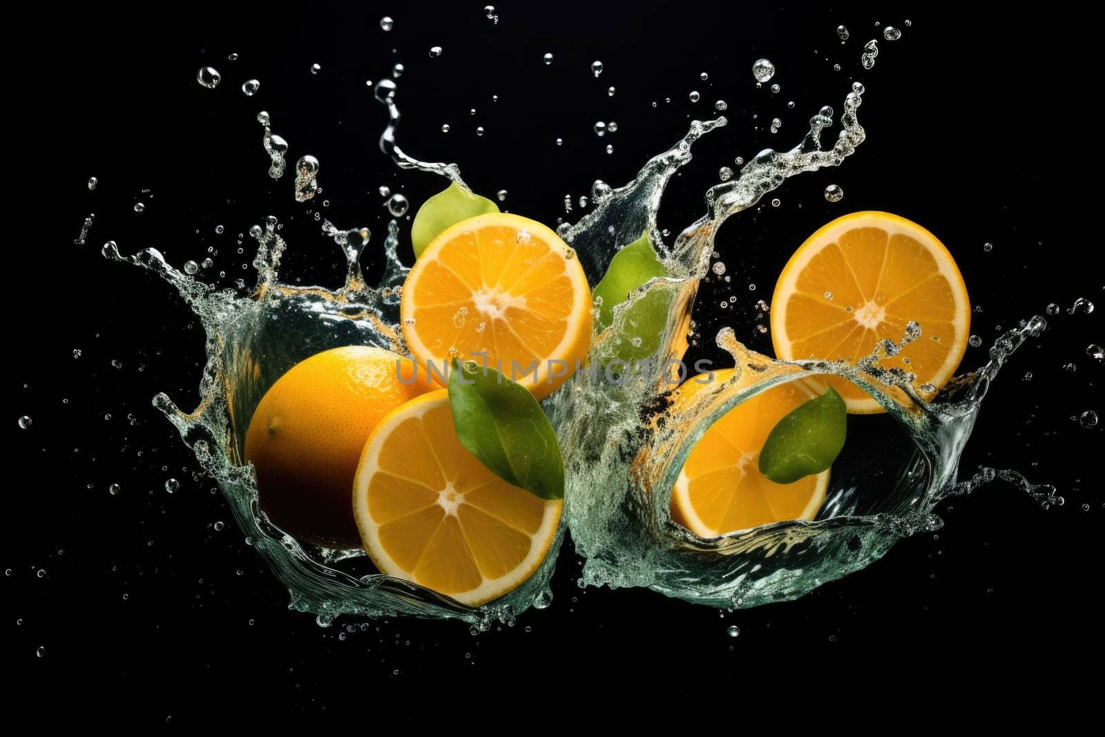orange fruit juice splash isolated on black background. AI Generated