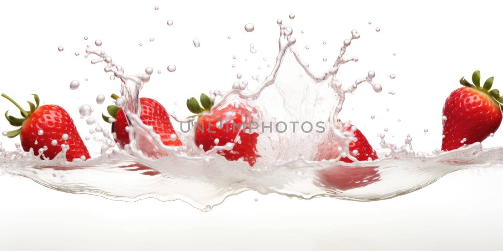 milk splash with strawberries isolated on white. AI Generated