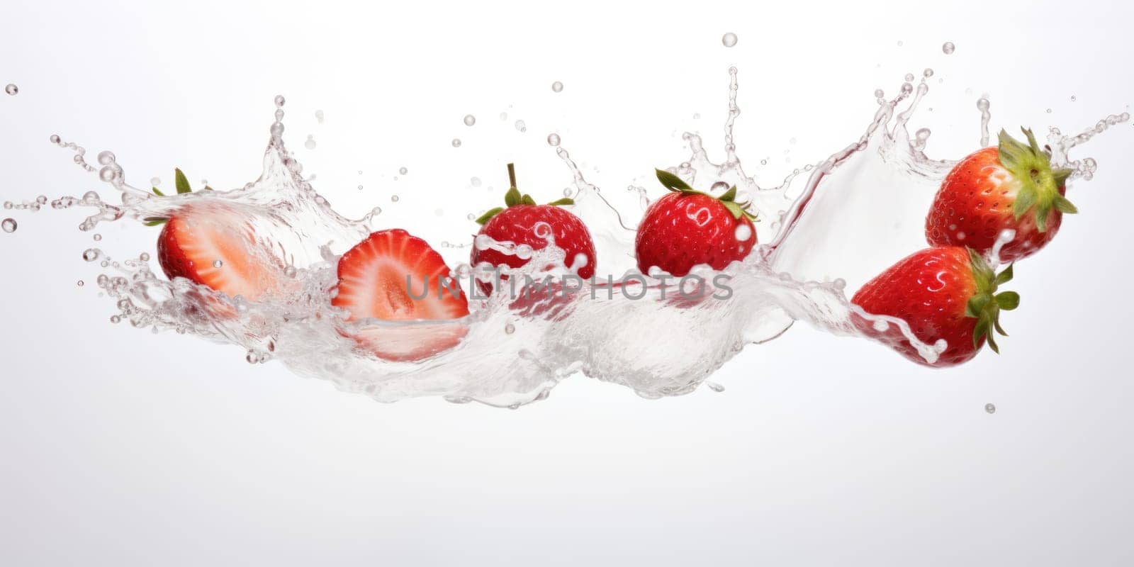 milk splash with strawberries isolated on white. AI Generated