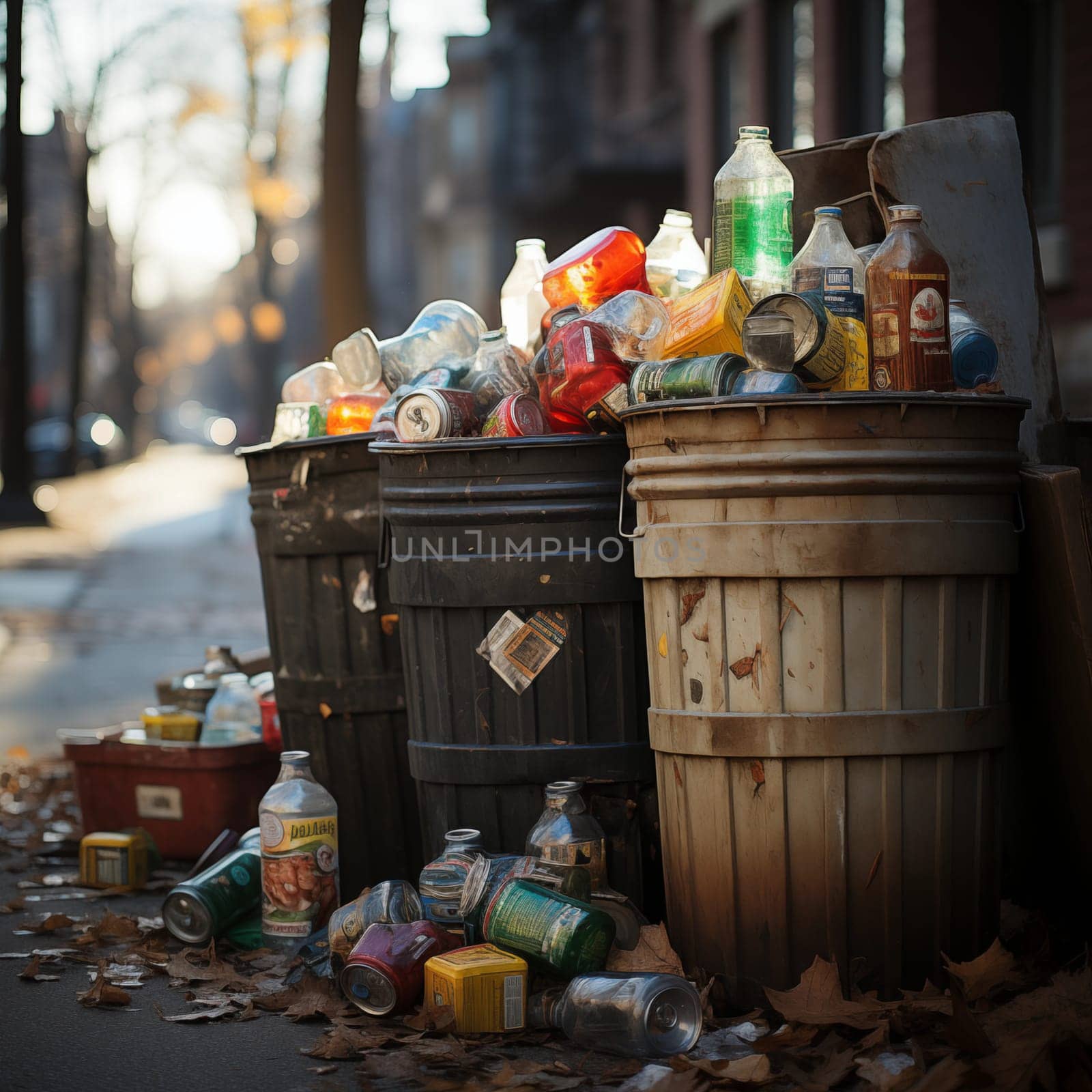 Full trash cans in the city on the street. Pollution of nature. AI generativ.
