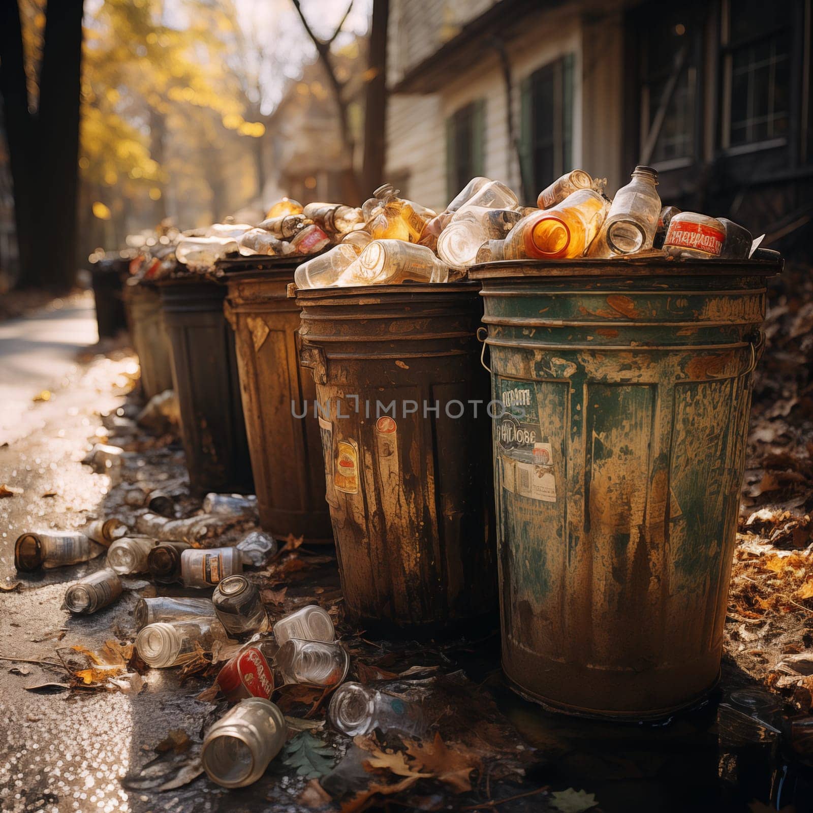 Full trash cans in the city on the street. Pollution of nature. AI generativ.