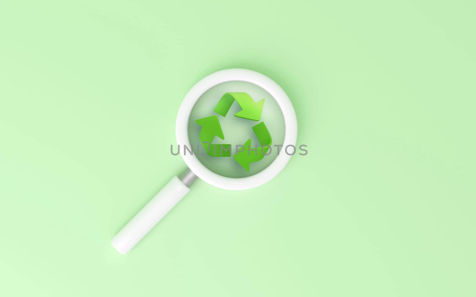 Magnifying glass looking a green recycling sign on green background. by ImagesRouges