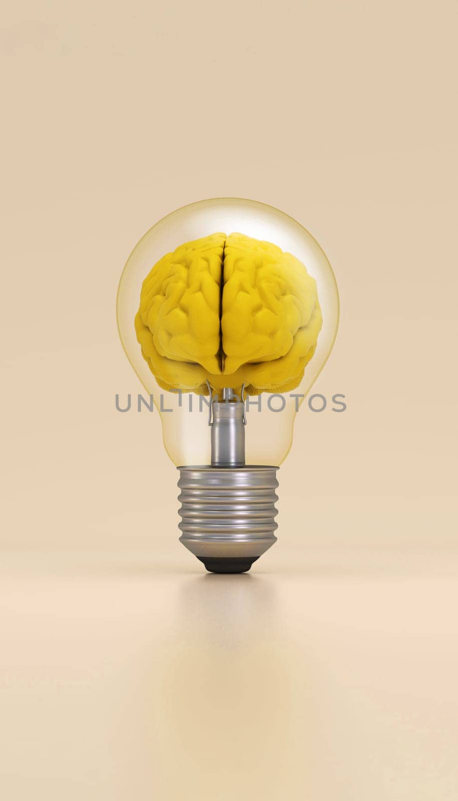 Light bulb with a brain inside illuminated on yellow background. Innovation concept. by ImagesRouges