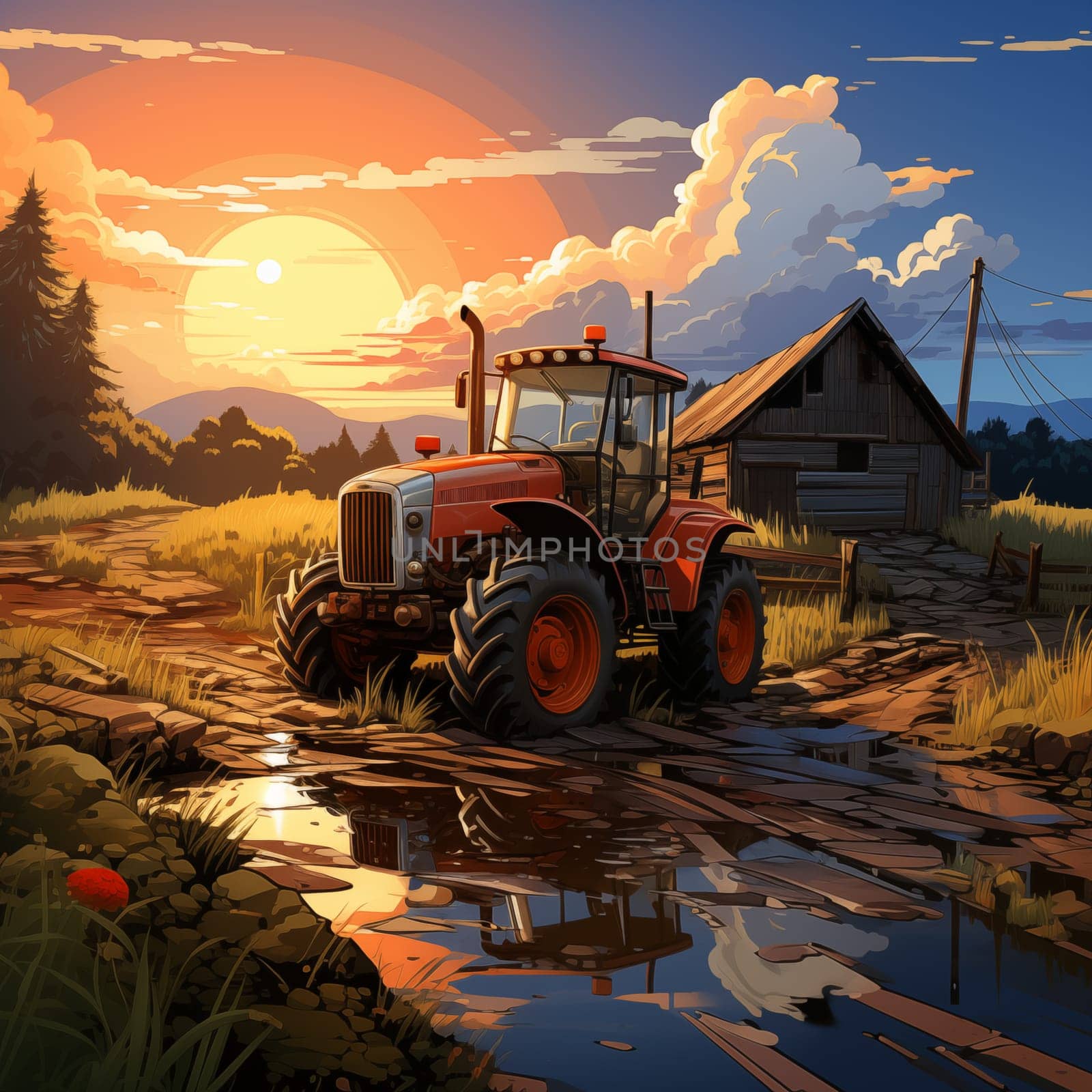 A tractor on a country road in a village against the backdrop of a house and sunset. Illustration for cover, interior design. AI generativ.