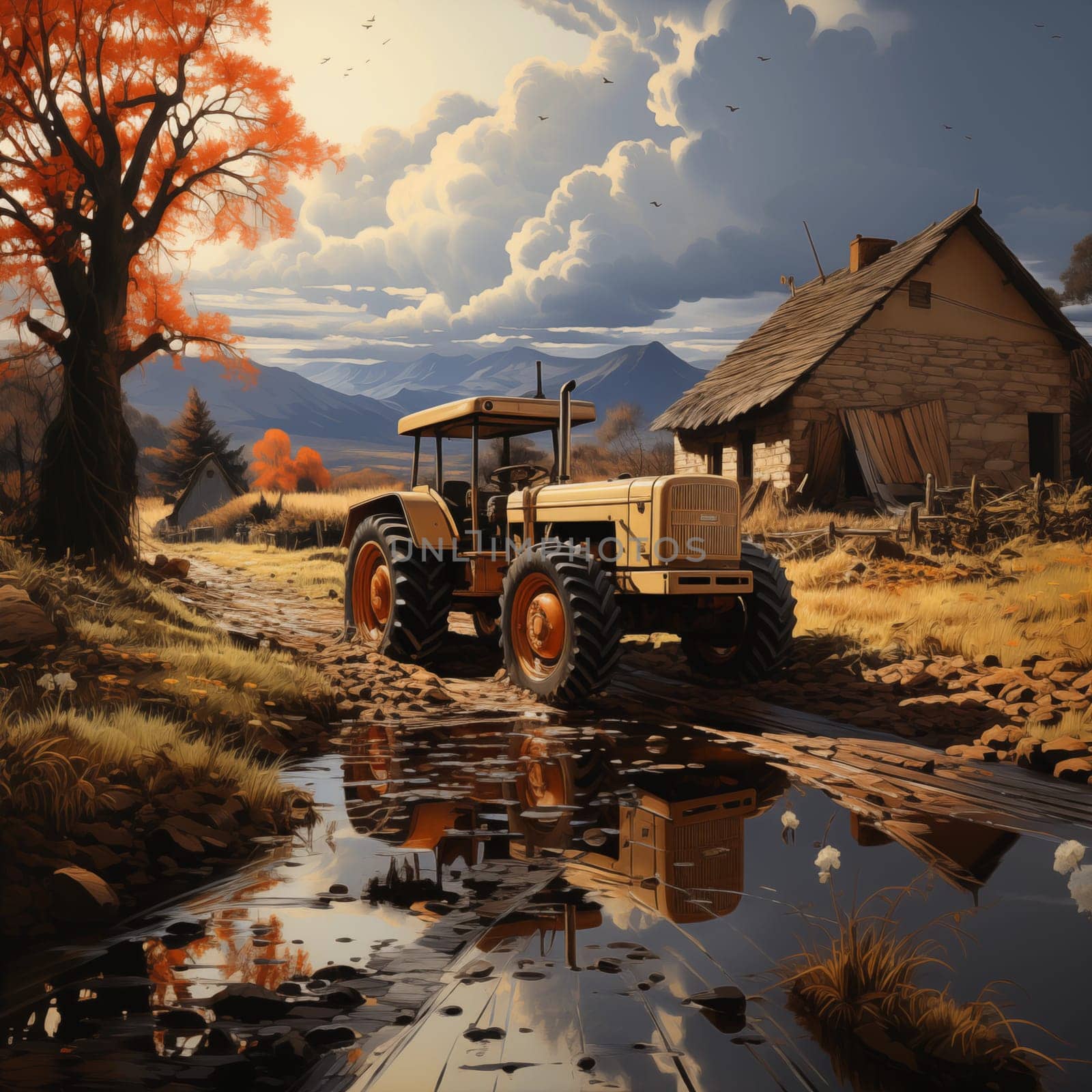 A tractor on a country road in a village against the backdrop of a house and sunset. Illustration for cover, interior design. AI generativ.