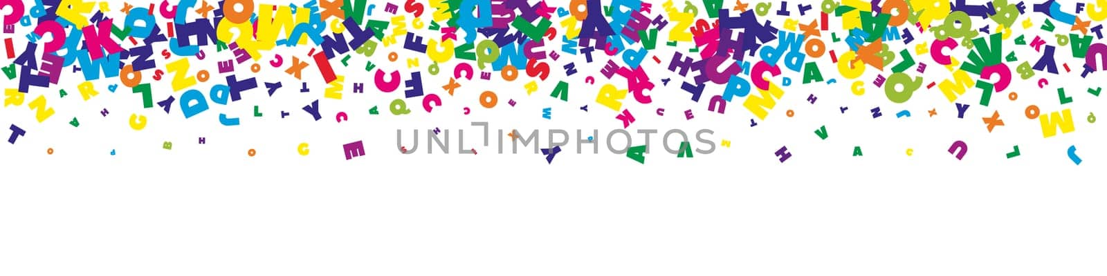 Falling letters of English language. Bright flying words of Latin alphabet. Foreign languages study concept. Optimal back to school banner on white background.