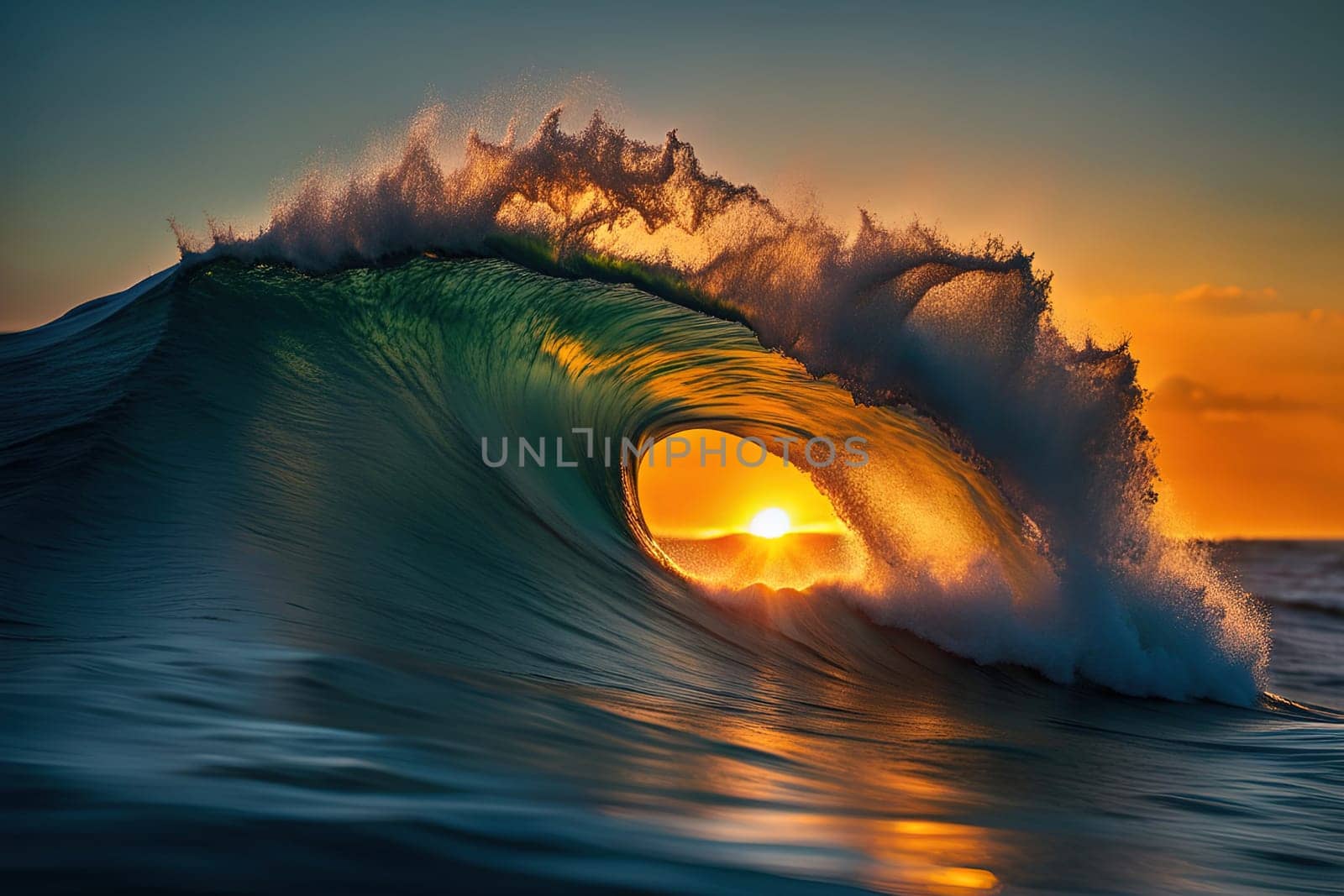 Surfing ocean wave at sunset. Beautiful natural landscape. Beautiful sunset over ocean wave. Surfing on the ocean.Ocean wave at sunset. 3D render of ocean wave at sunset.