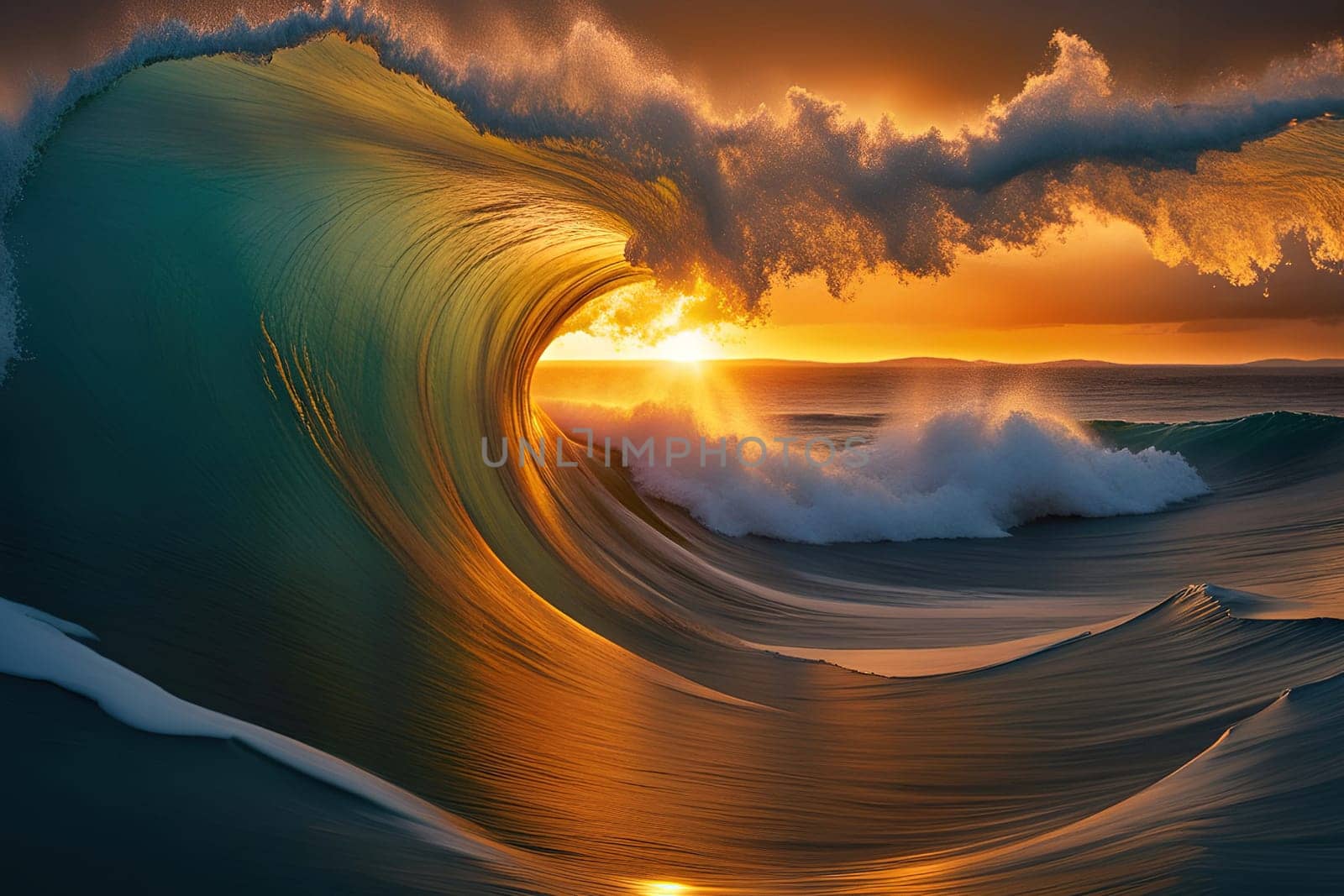 Surfing ocean wave at sunset. Beautiful natural landscape. Beautiful sunset over ocean wave. Surfing on the ocean.Ocean wave at sunset. 3D render of ocean wave at sunset.