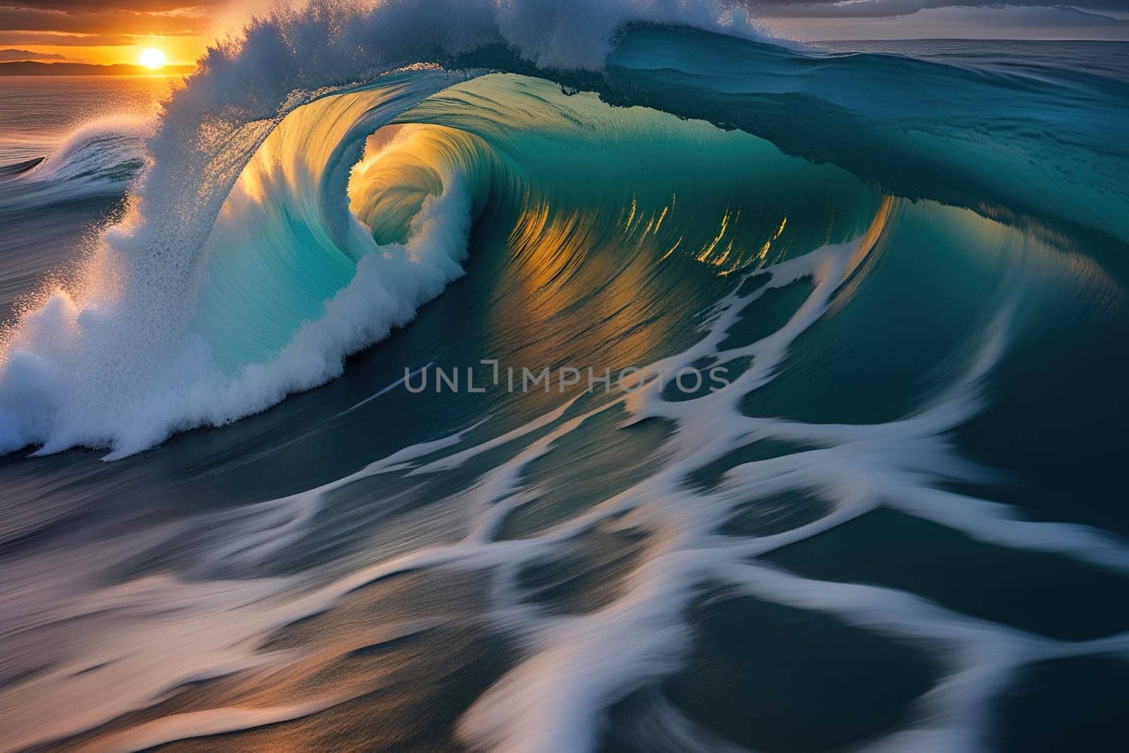 Surfing ocean wave at sunset. Beautiful natural landscape. Beautiful sunset over ocean wave. Surfing on the ocean.Ocean wave at sunset. 3D render of ocean wave at sunset.