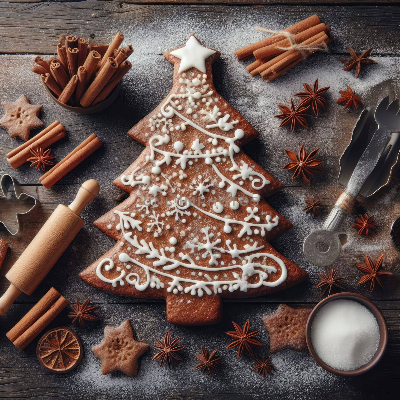 Festive Homemade Gingerbread Tree on Vintage Wooden Background with Spices and Decorations. Cozy Christmas Baking Scene in Macro View.