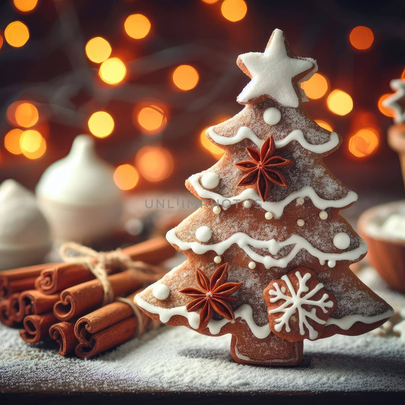 Festive Homemade Gingerbread Tree on Vintage Wooden Background with Spices and Decorations. Cozy Christmas Baking Scene in Macro View.