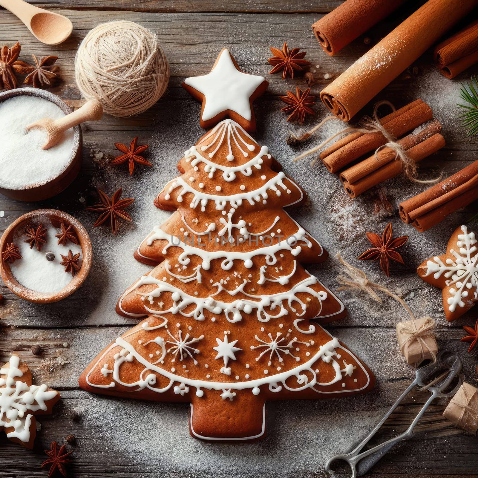 Festive Homemade Gingerbread Tree on Vintage Wooden Background with Spices and Decorations. Cozy Christmas Baking Scene in Macro View.