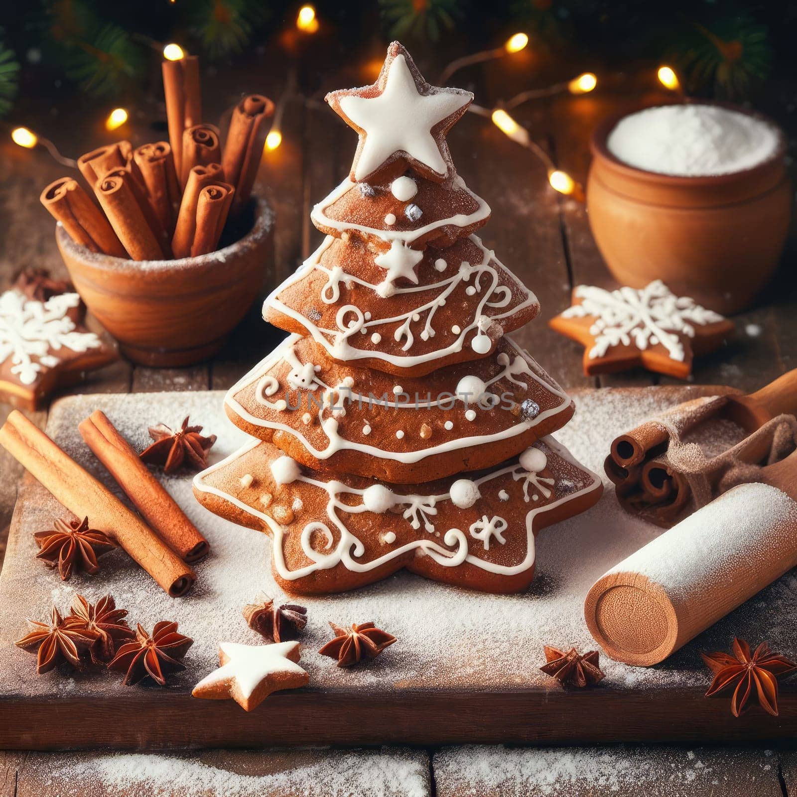 Festive Homemade Gingerbread Tree on Vintage Wooden Background with Spices and Decorations. Cozy Christmas Baking Scene in Macro View.