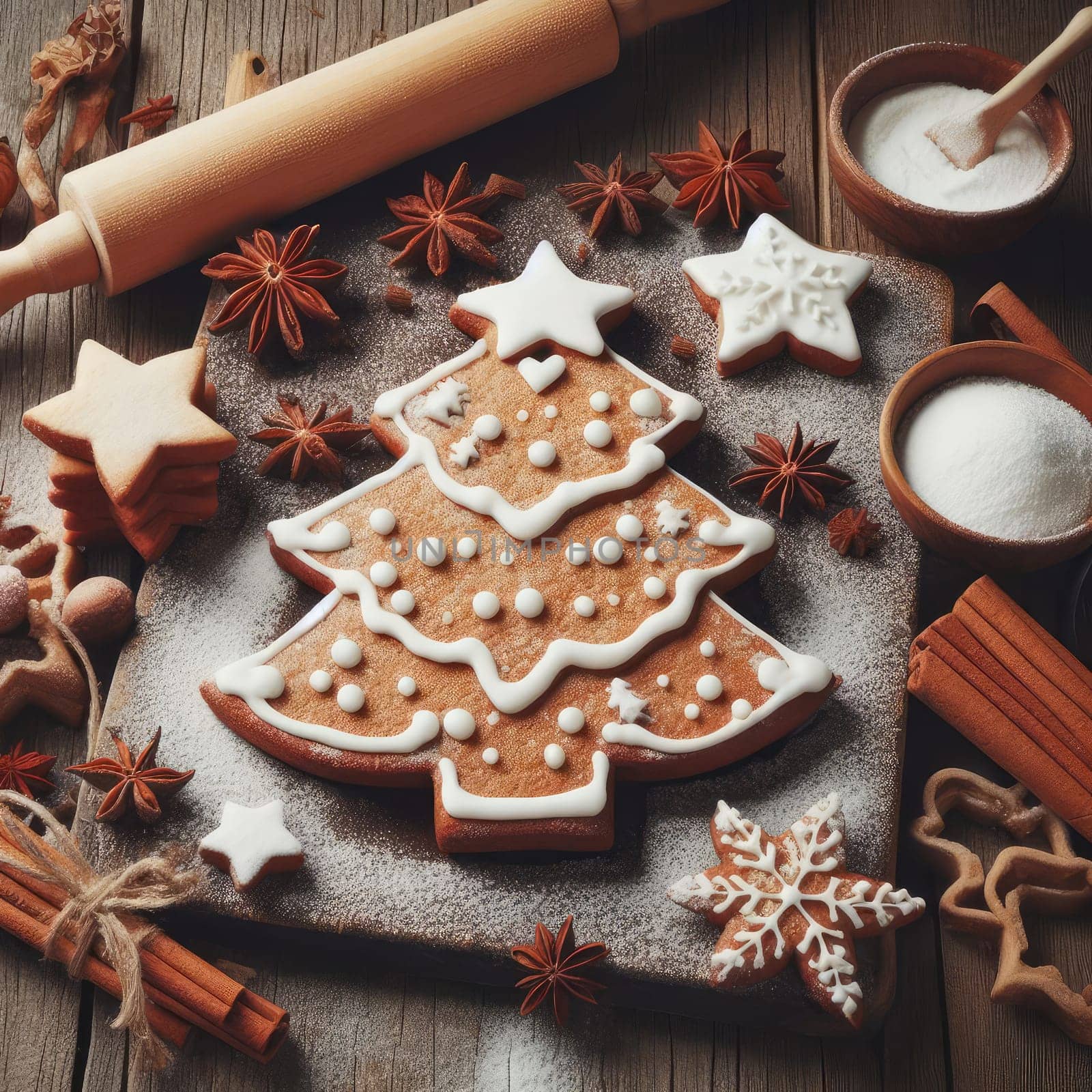 Festive Homemade Gingerbread Tree on Vintage Wooden Background with Spices and Decorations. Cozy Christmas Baking Scene in Macro View.