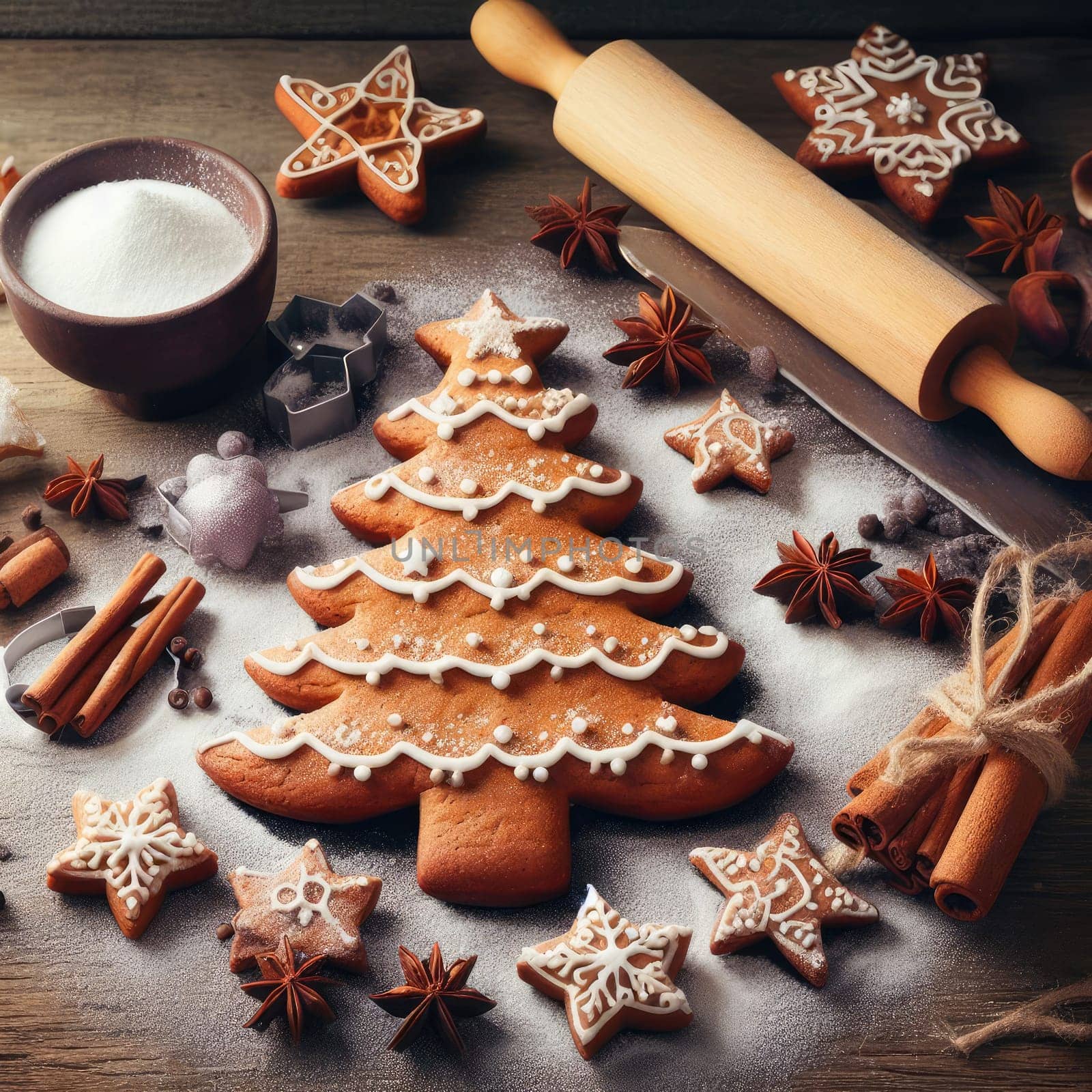 Festive Homemade Gingerbread Tree on Vintage Wooden Background with Spices and Decorations. Cozy Christmas Baking Scene in Macro View.