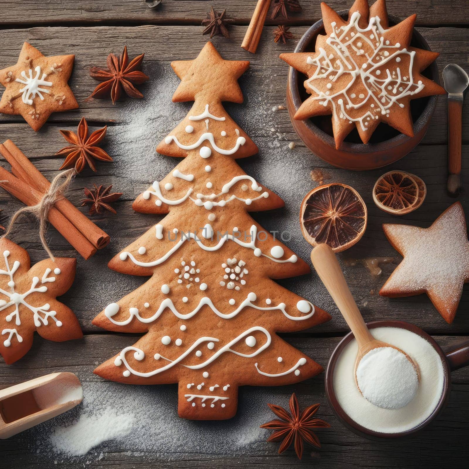 Festive Homemade Gingerbread Tree on Vintage Wooden Background with Spices and Decorations. Cozy Christmas Baking Scene in Macro View.