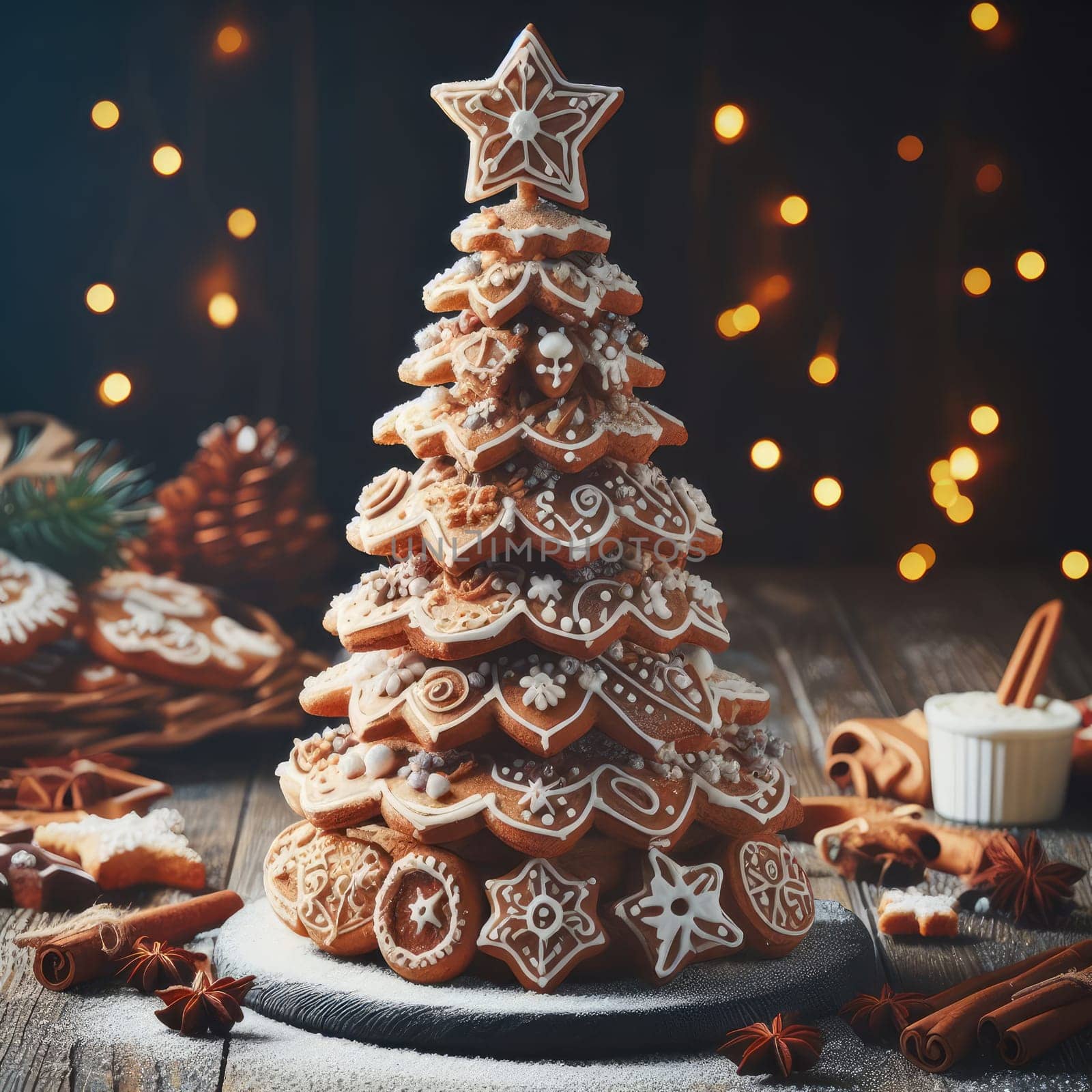 Festive Homemade Gingerbread Tree on Vintage Wooden Background with Spices and Decorations. Cozy Christmas Baking Scene in Macro View.