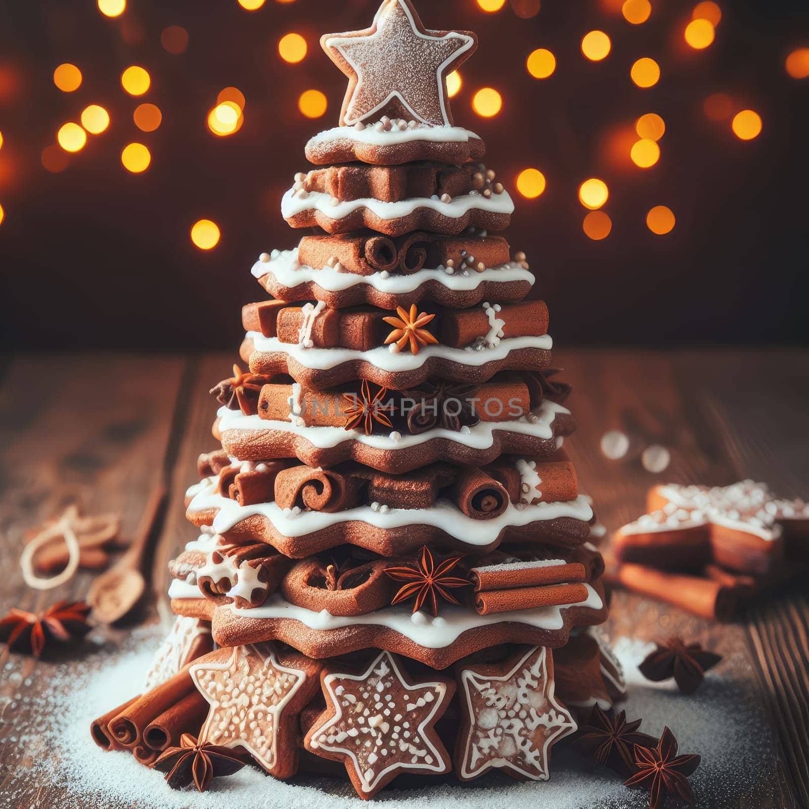 Festive Homemade Gingerbread Tree on Vintage Wooden Background with Spices and Decorations. Cozy Christmas Baking Scene in Macro View.