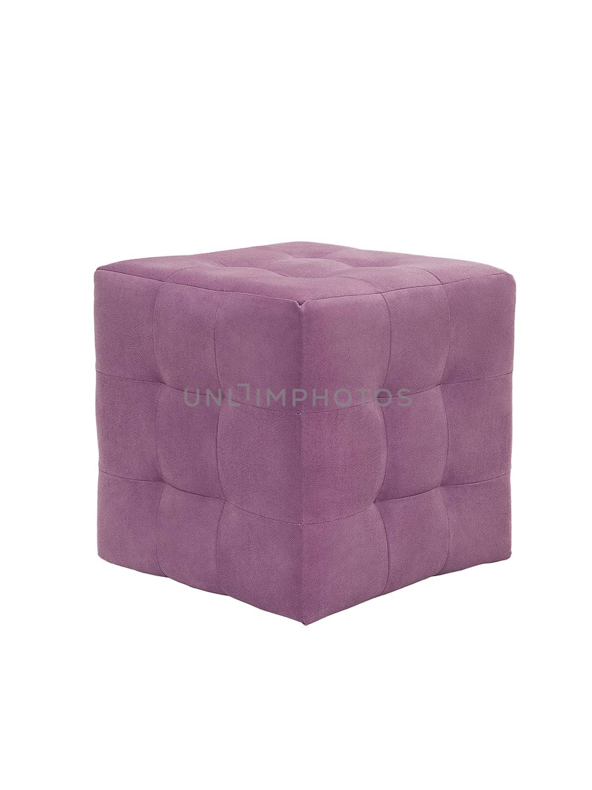 unusual modern purple cubic padded stool upholstered with soft fabric in strict style isolated on white background. creative approach to making furniture in shape of geometric figures