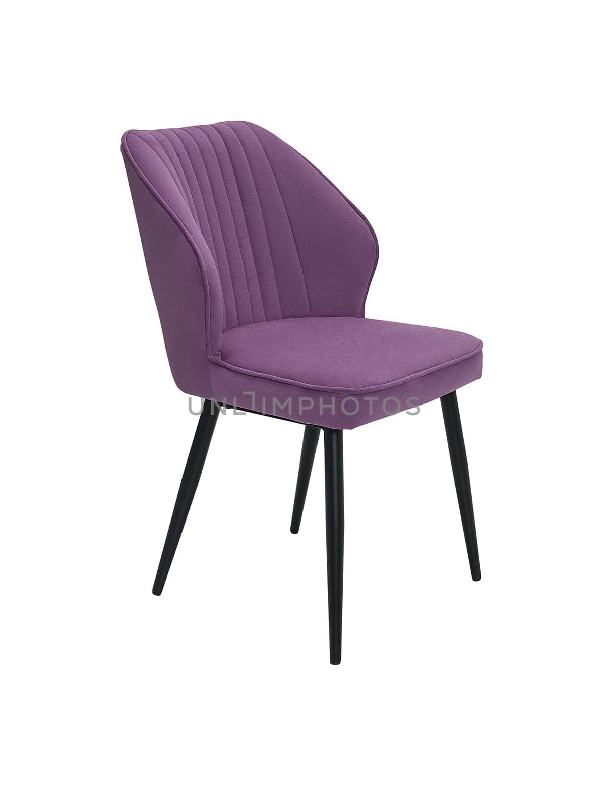 modern purple fabric chair with wooden legs isolated on white background, side view. contemporary furniture in classical style, interior, home design
