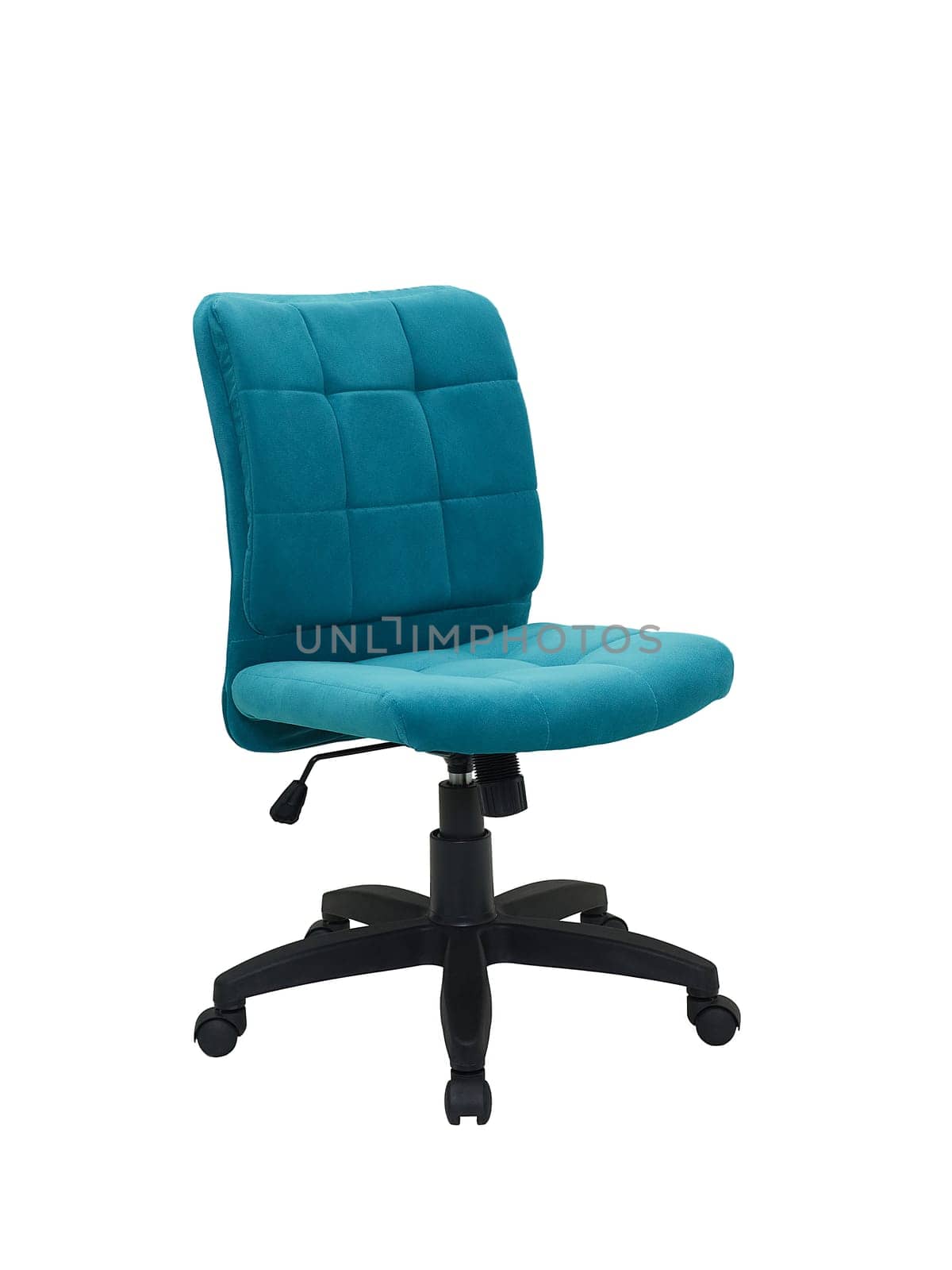 blue office fabric armchair on wheels isolated on white background, side view. modern furniture, interior, home design