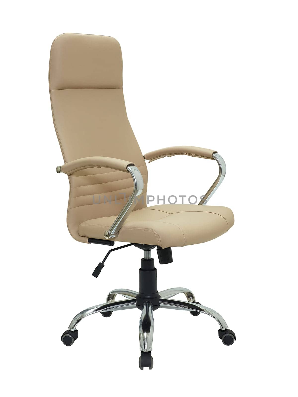 modern furniture in minimal style, interior, home design. beige leather armchair on wheels isolated on white background, side view.