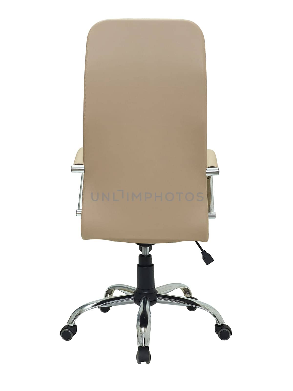 modern furniture in minimal style, interior, home design. beige leather armchair on wheels isolated on white background, back view.