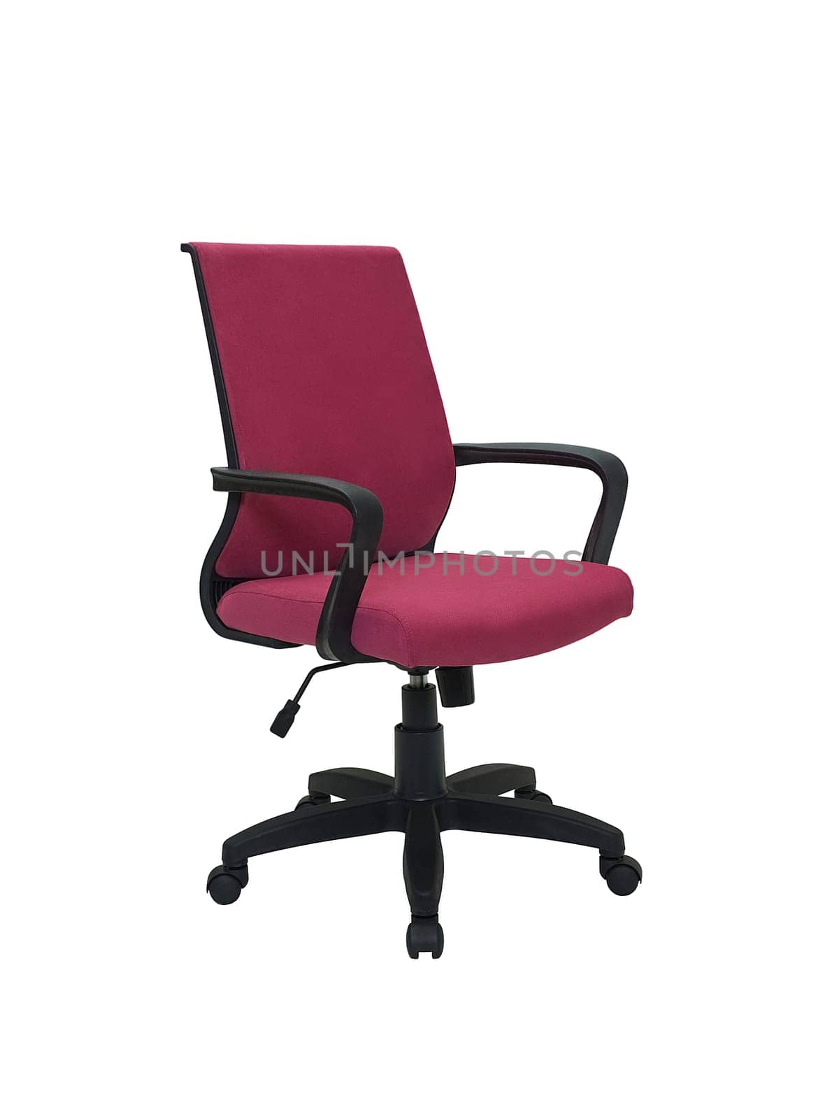 purple office fabric armchair on wheels isolated on white background, side view. modern furniture, interior, home design