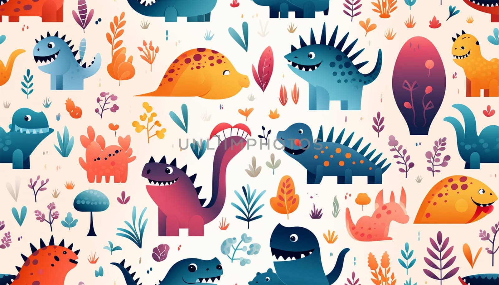 Adorable seamless pattern with funny dinosaurs in cartoon. Ideal for cards, invitations, party, banners, kindergarten, baby shower, preschool and children room decoration by Annebel146