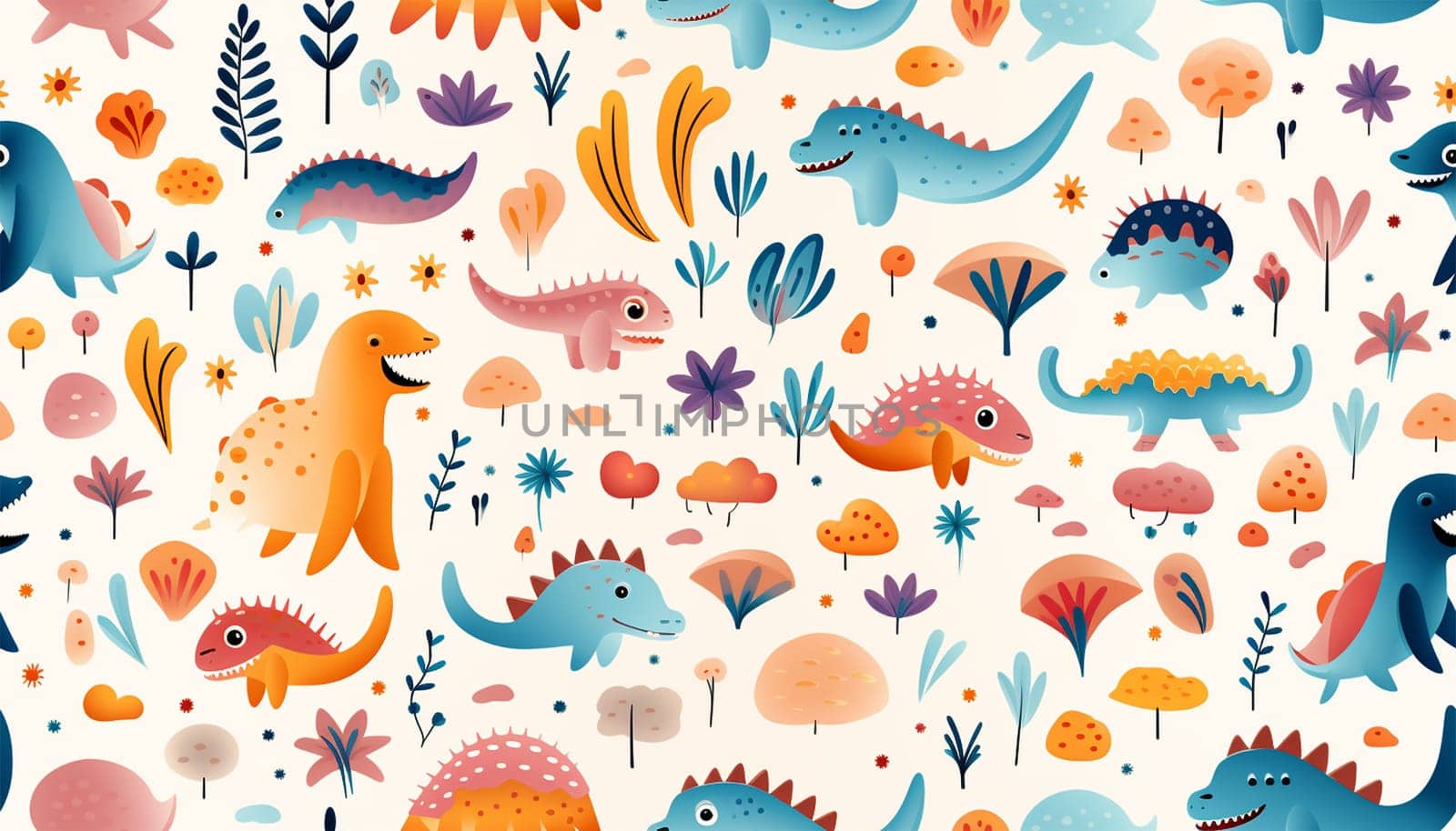 Adorable seamless pattern with funny dinosaurs in cartoon. Ideal for cards, invitations, party, banners, kindergarten, baby shower, preschool and children room decoration pastel