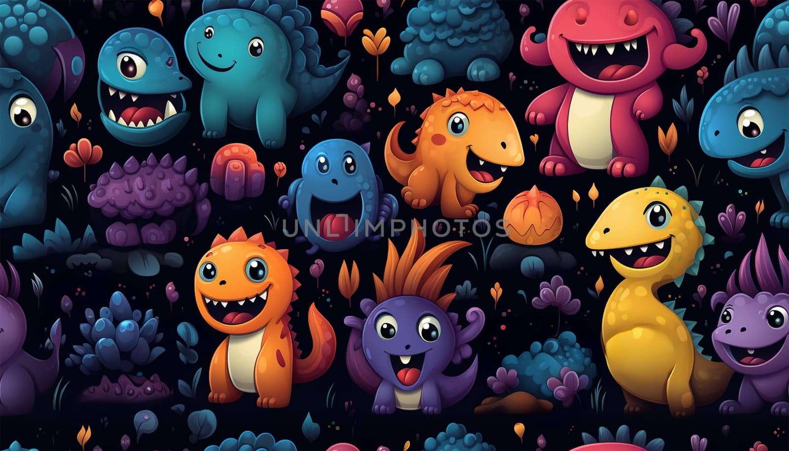 Adorable seamless pattern with funny dinosaurs in cartoon. Ideal for cards, invitations, party, banners, kindergarten, baby shower, preschool and children room decoration pastel