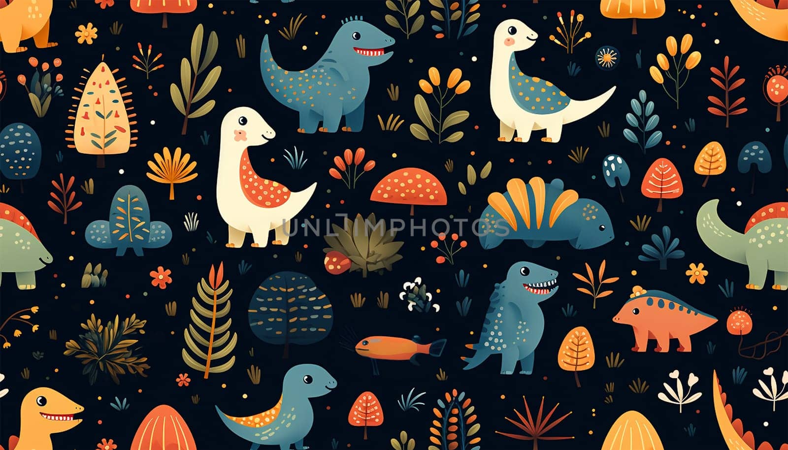 Adorable seamless pattern with funny dinosaurs in cartoon. Ideal for cards, invitations, party, banners, kindergarten, baby shower, preschool and children room decoration by Annebel146