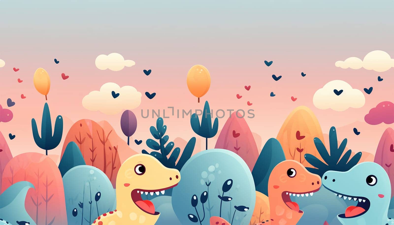 Adorable seamless pattern with funny dinosaurs in cartoon. Ideal for cards, invitations, party, banners, kindergarten, baby shower, preschool and children room decoration pastel