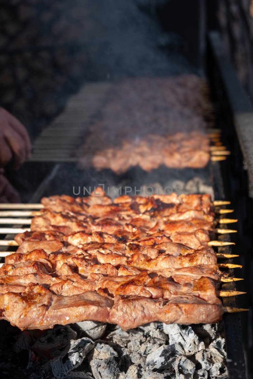 Meat pieces strung on metal skewers on the grill at sunset by AnatoliiFoto