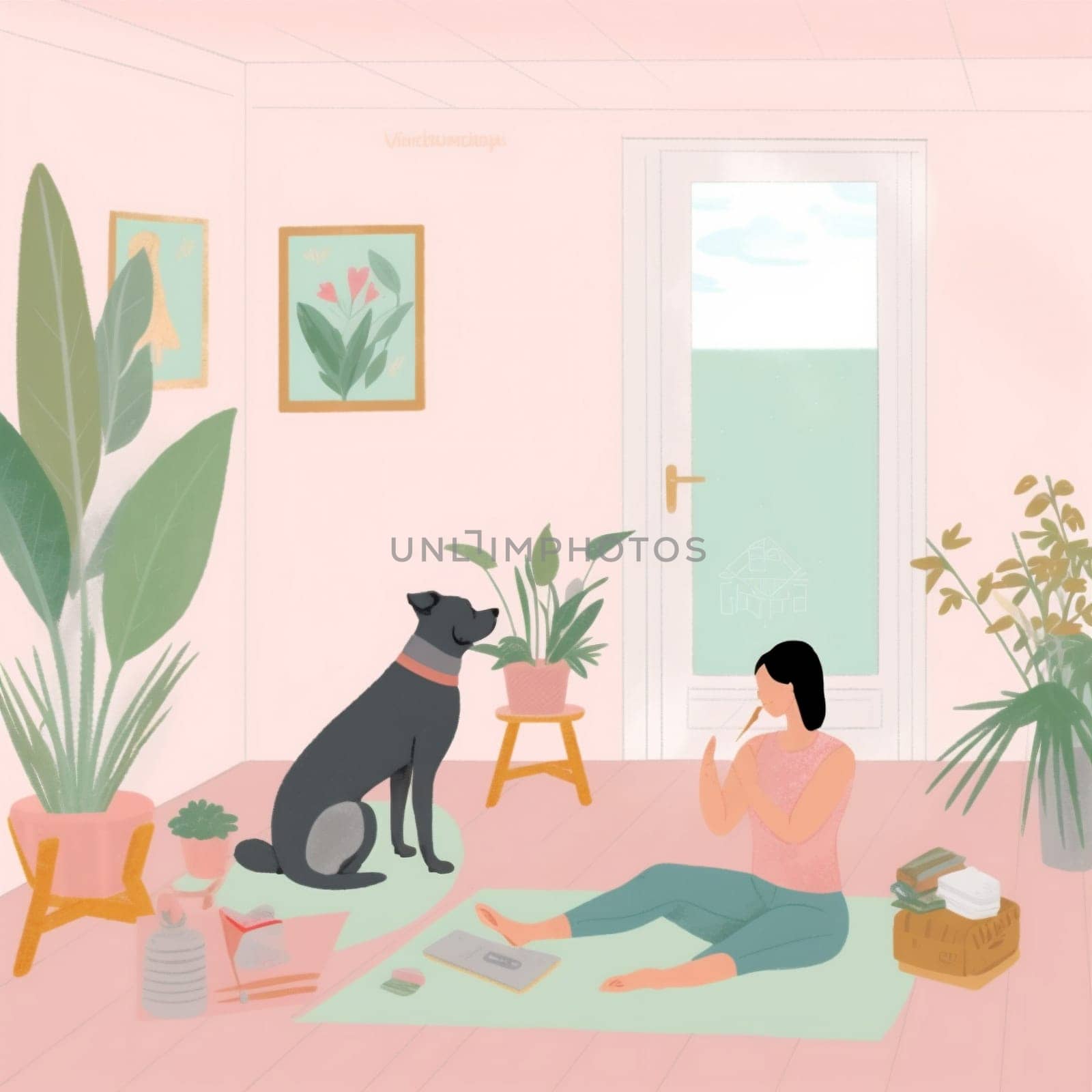 woman dog puppy sport fitness yoga home training cartoon body lifestyle. Generative AI. by Vichizh
