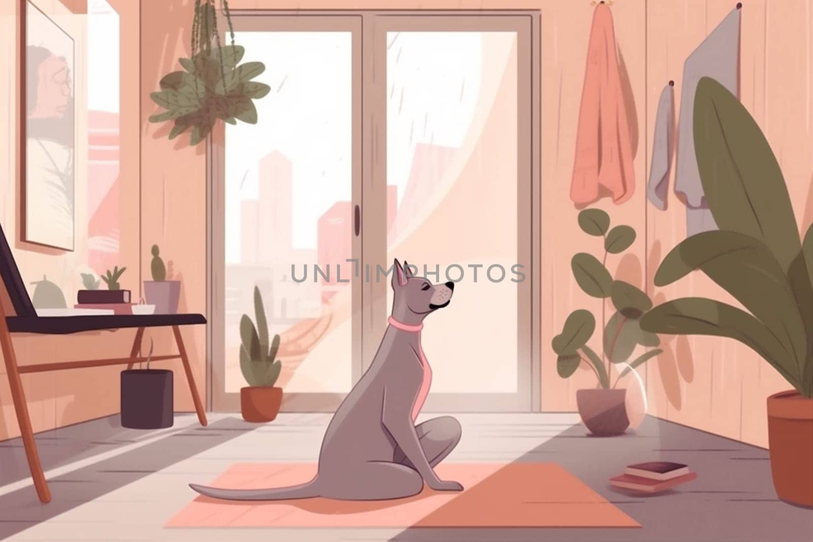 woman dog body zen yoga lifestyle fitness training sport home cartoon. Generative AI. by Vichizh