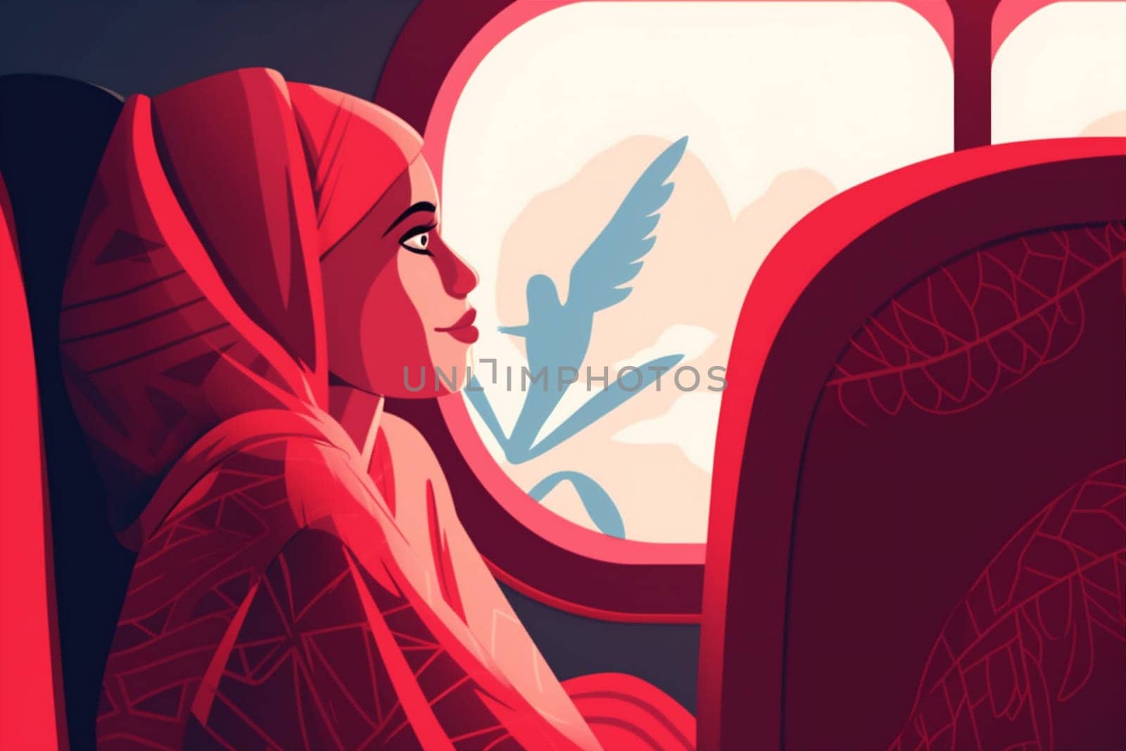 woman flight female air chair sitting vacation aeroplane transport plane character happy trip seat hijab transportation departure journey passenger travel window. Generative AI.